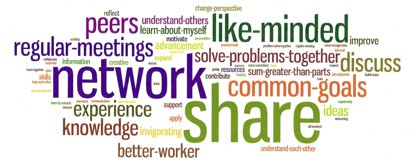 picture of a Wordle with the words: network, share, like-minded, common-goals, discuss
